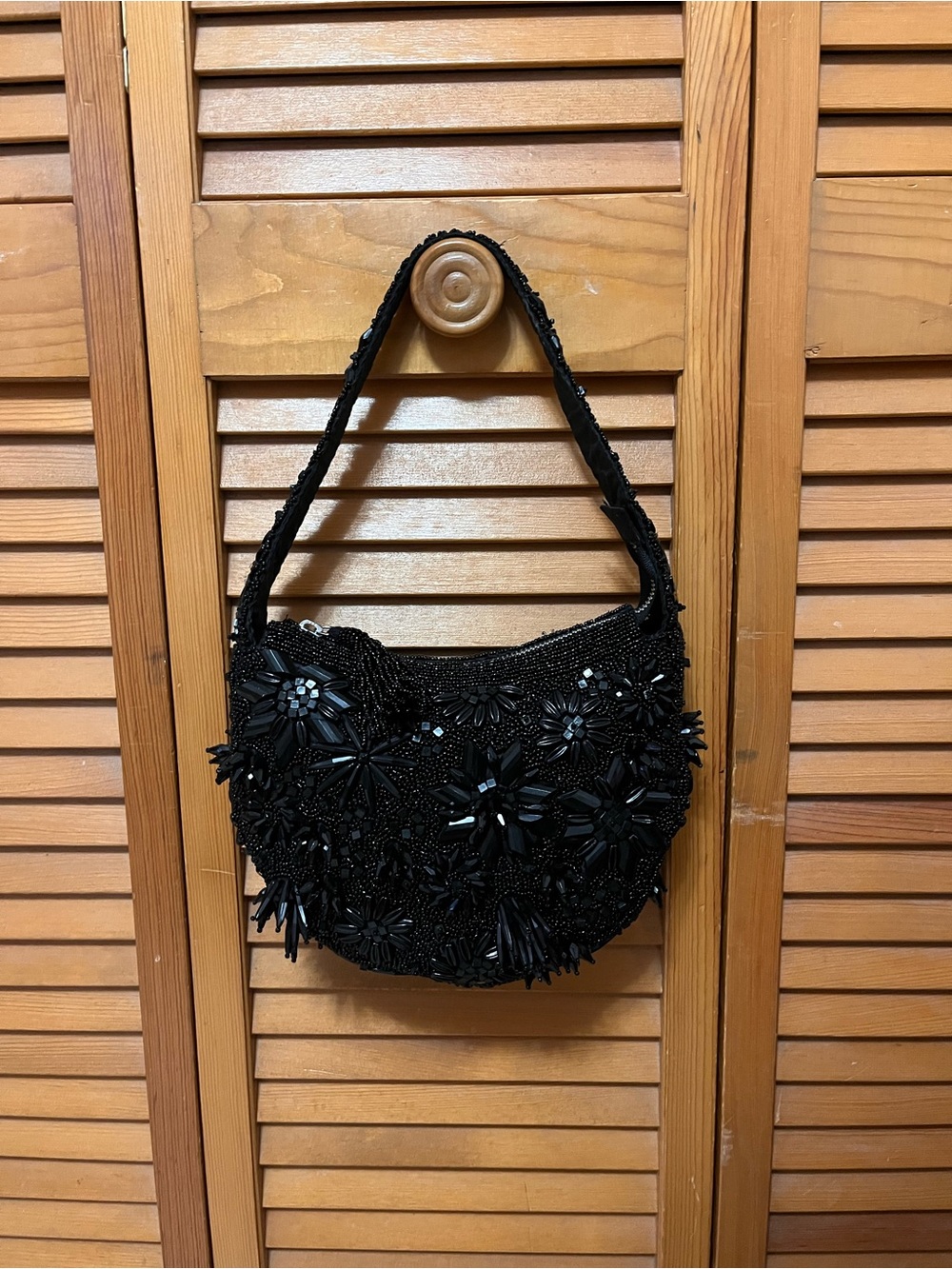 Black Beaded Floral Shoulder Bag - Women